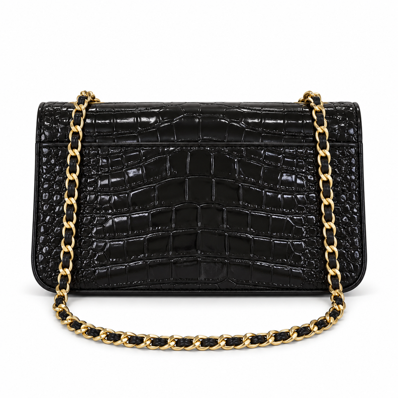 Black Crocodile Embossed Chain Crossbody Bag-2