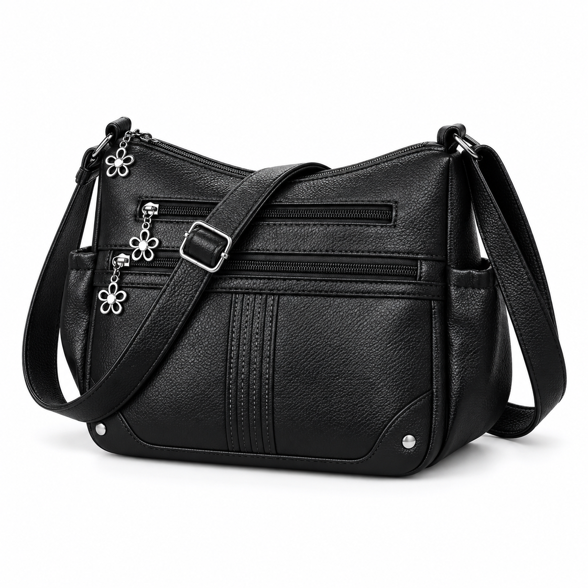 Black Textured Satchel Bag With Pockets-3