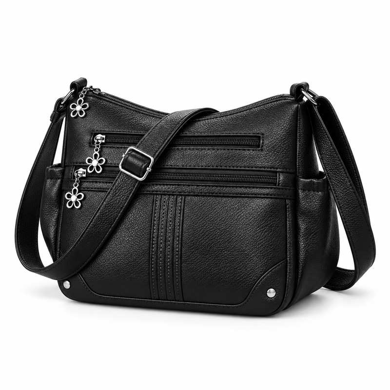 Black Textured Satchel Bag With Pockets-3