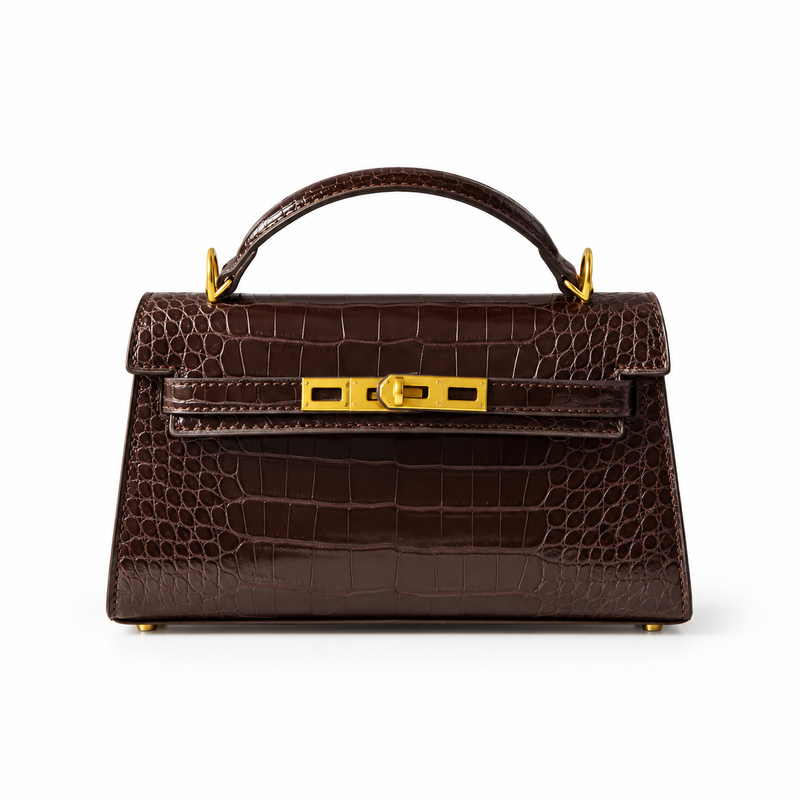 Chocolate Croc Structured Top Handle Handbag-4