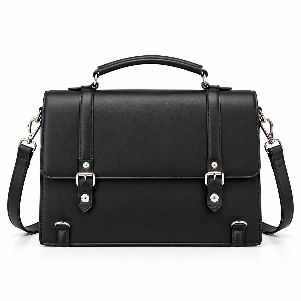 Black Structured Buckle Shoulder Satchel Bag-4