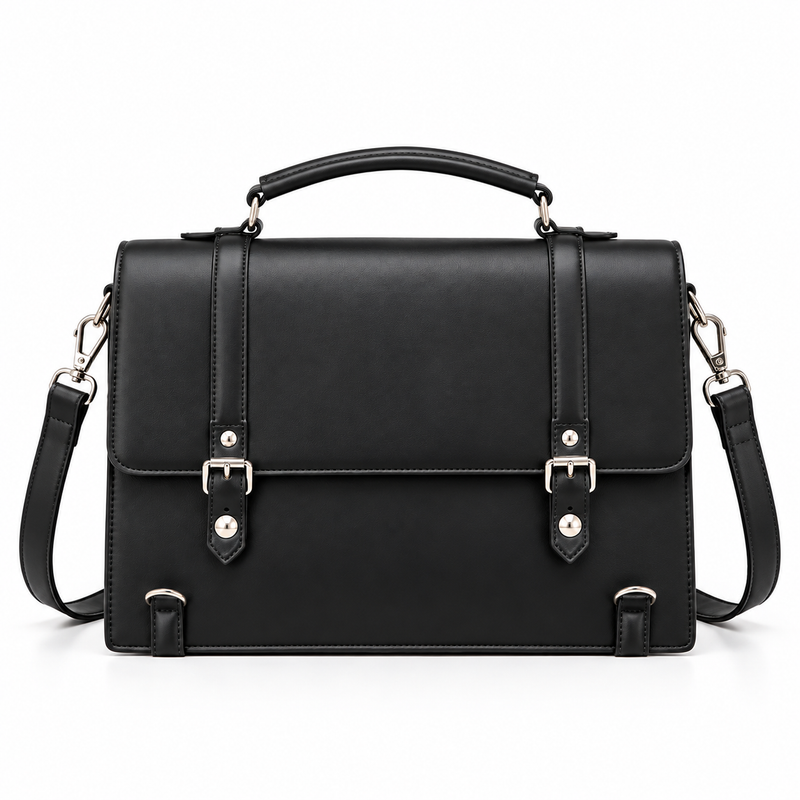 Black Structured Buckle Shoulder Satchel Bag-4