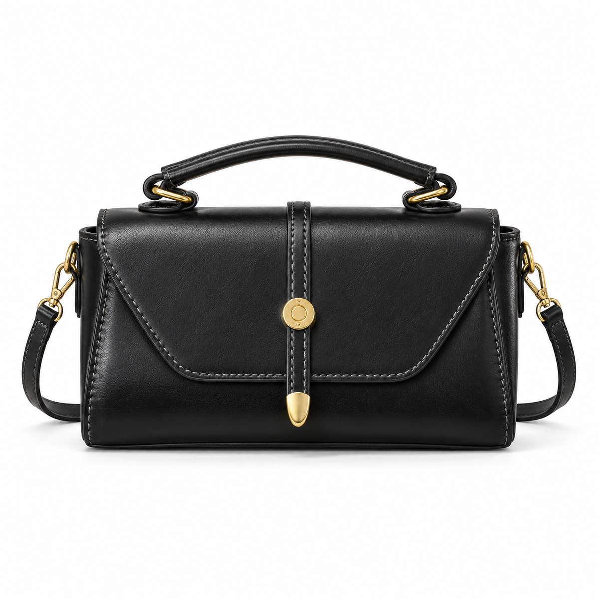 Classic Black Satchel With Gold Details-3