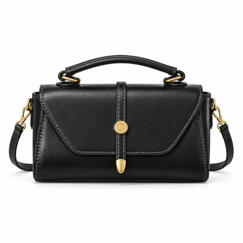 Classic Black Satchel With Gold Details-3