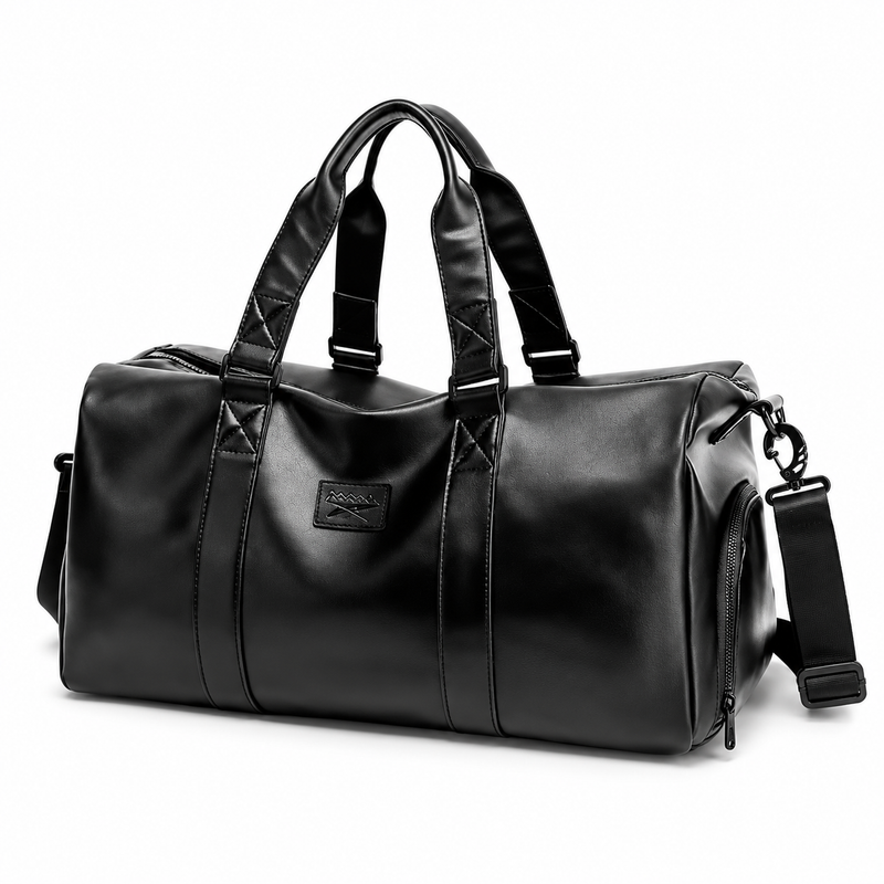 Classic Black Leather Travel Duffel Bag-3