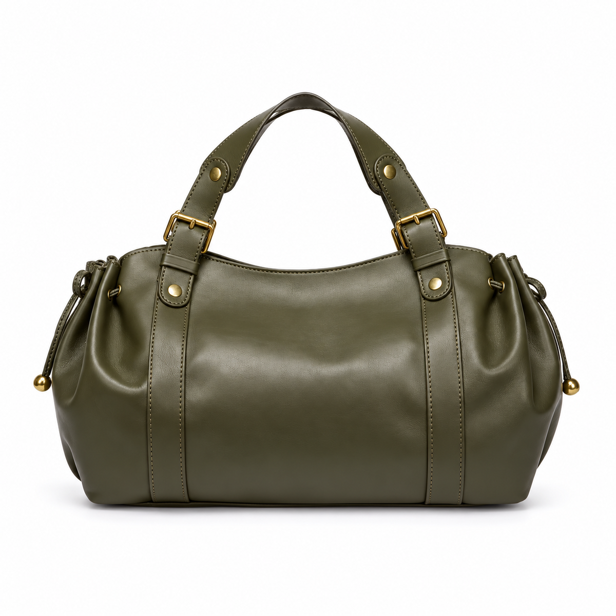 Olive Green Buckle Handle Barrel Handbag-4