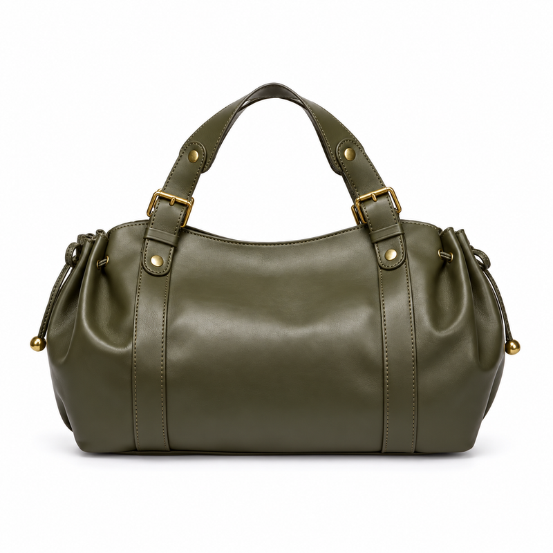 Olive Green Buckle Handle Barrel Handbag-4