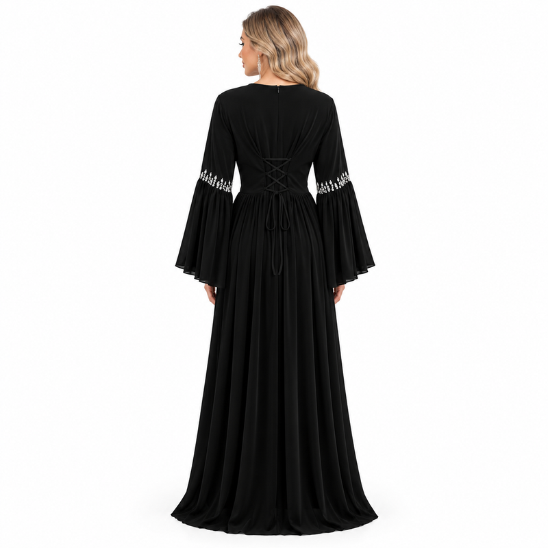 Elegant Black Embellished Velvet Kaftan Dress-4
