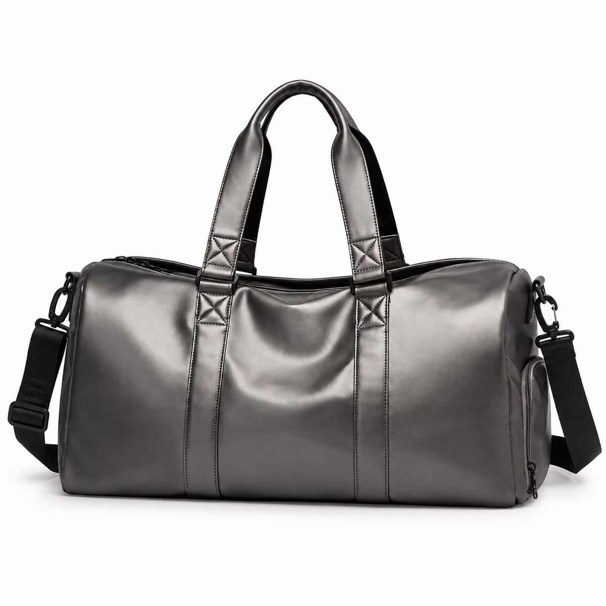 Classic Grey Leather Travel Duffel Bag