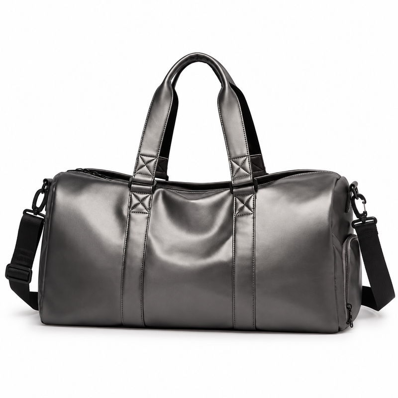 Classic Grey Leather Travel Duffel Bag-2