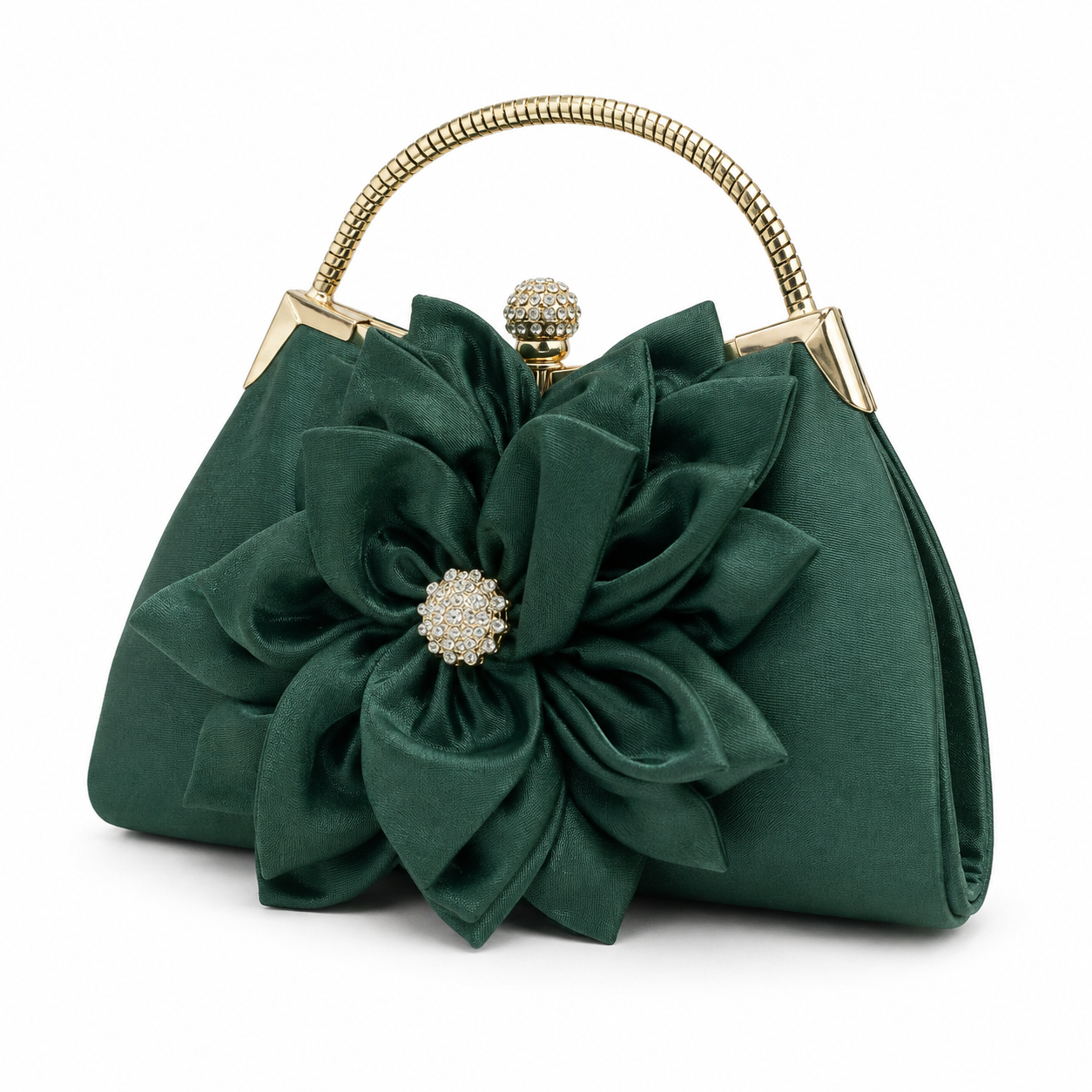 Emerald Green Floral Satin Evening Handbag with Crystal Detail-4