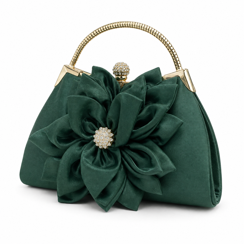 Emerald Green Floral Satin Evening Handbag with Crystal Detail-4