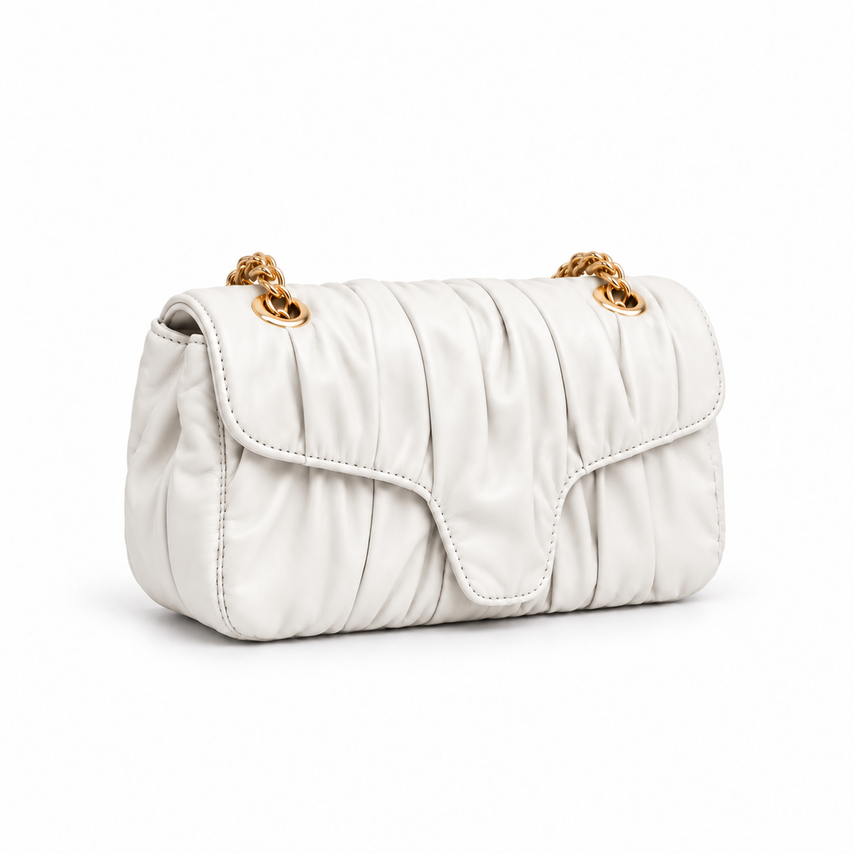 White Ruched Gold Chain Shoulder Handbag-1