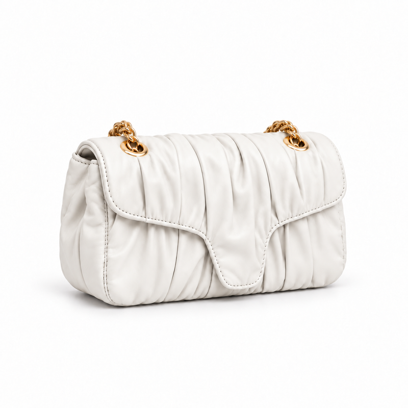 White Ruched Gold Chain Shoulder Handbag-1