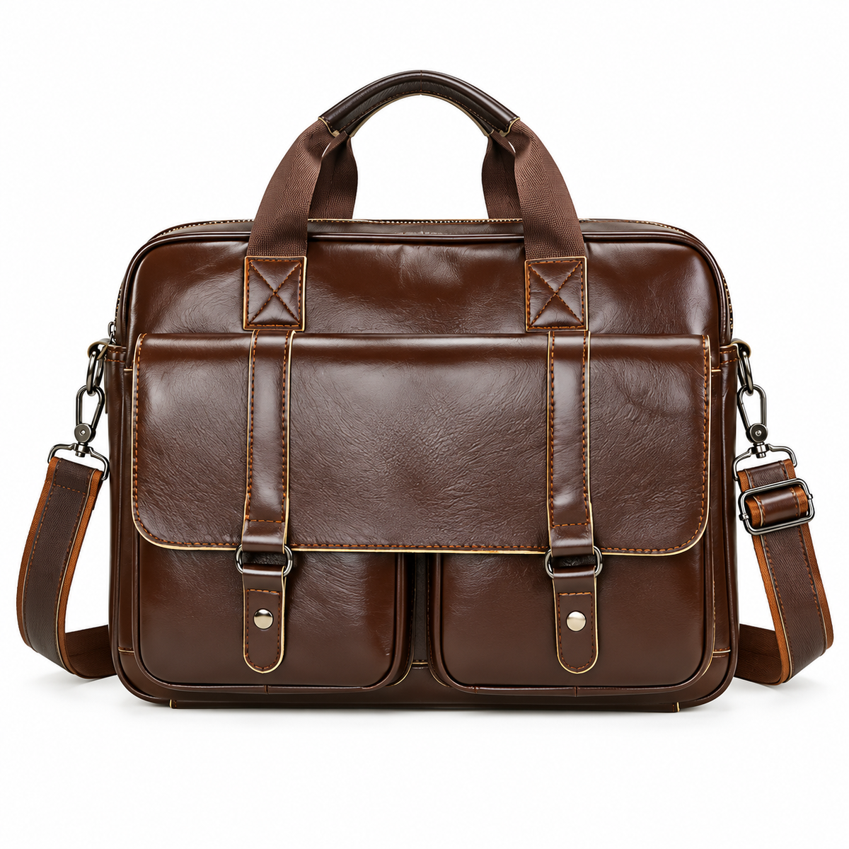Classic Brown Leather Briefcase With Pockets-4