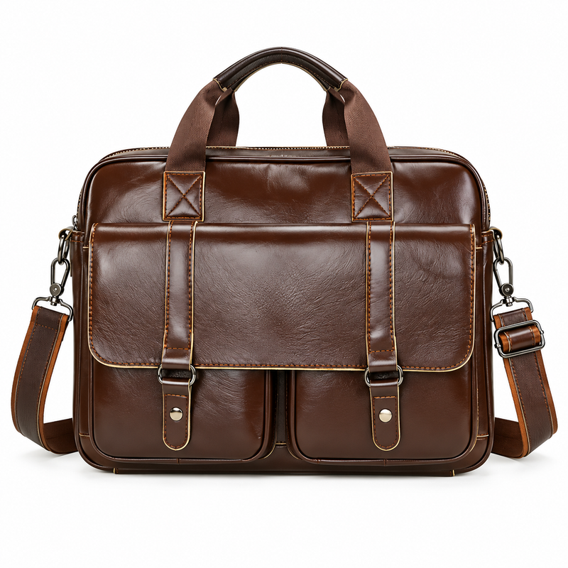 Classic Brown Leather Briefcase With Pockets-4