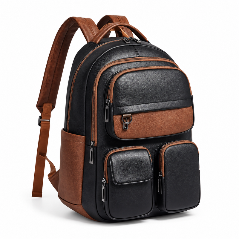 Black Brown Vegan Leather Travel Backpack-1