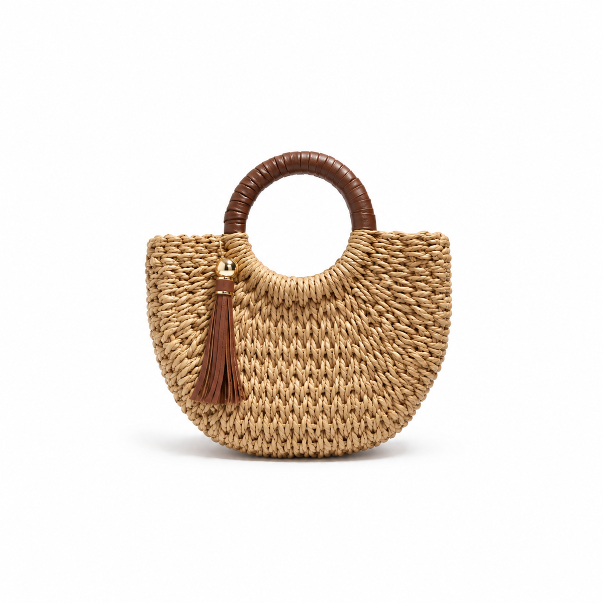 Natural Woven Raffia Tassel Handle Handbag-2