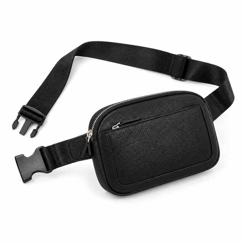 Black Textured Waist Bag With Zippers-3