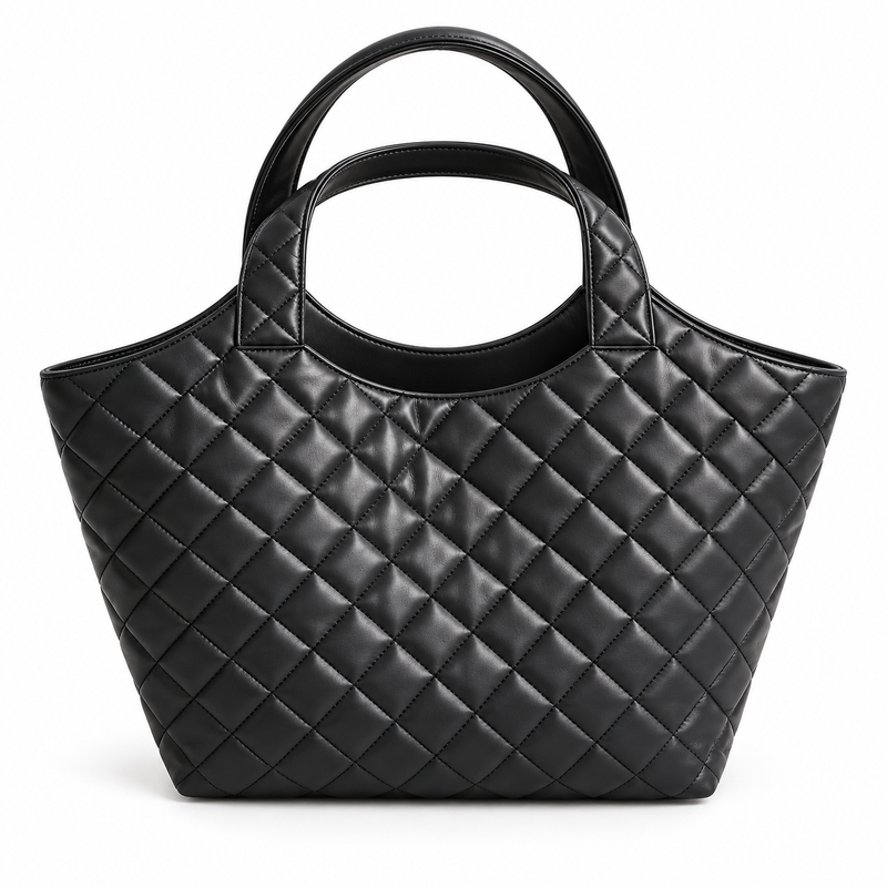 Black Quilted Vegan Leather Tote Bag-2
