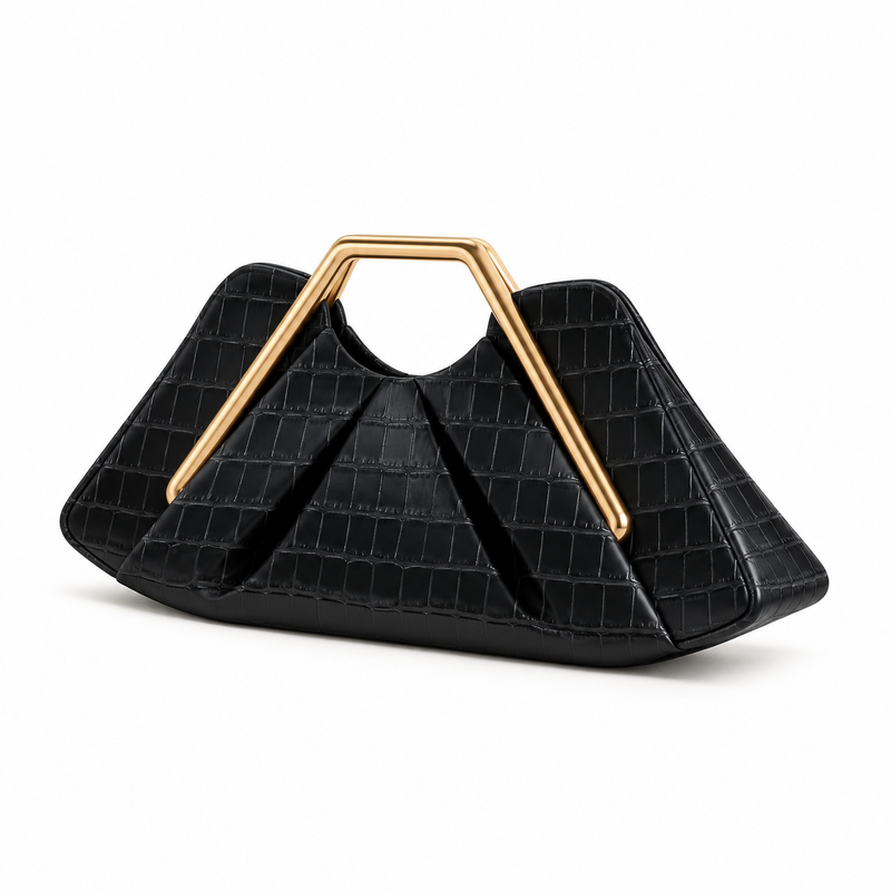 Black Leather Gold Handle Evening Clutch-3