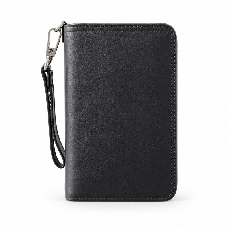 Black Leather Wristlet Wallet With Zipper-3