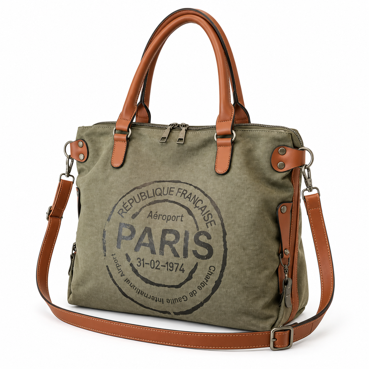 Olive Canvas Leather Paris Tote Bag-4