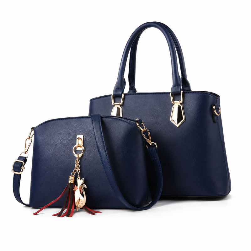 2-Piece Navy Blue Structured Tote and Crossbody Handbag Set-1