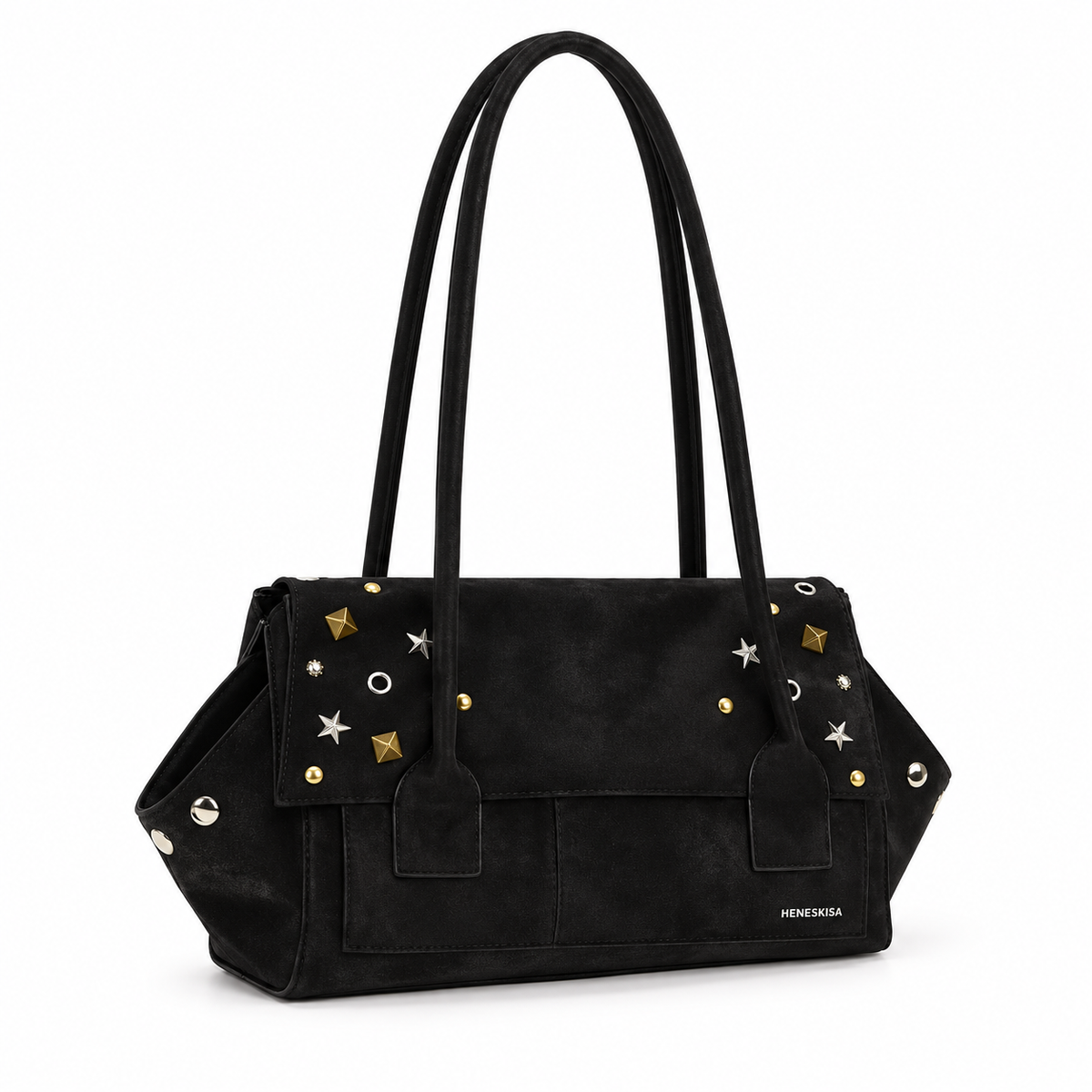 Black Studded Star Detail Shoulder Tote-1