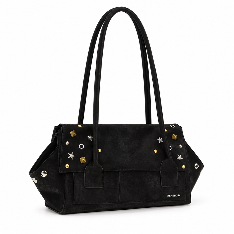 Black Studded Star Detail Shoulder Tote-1