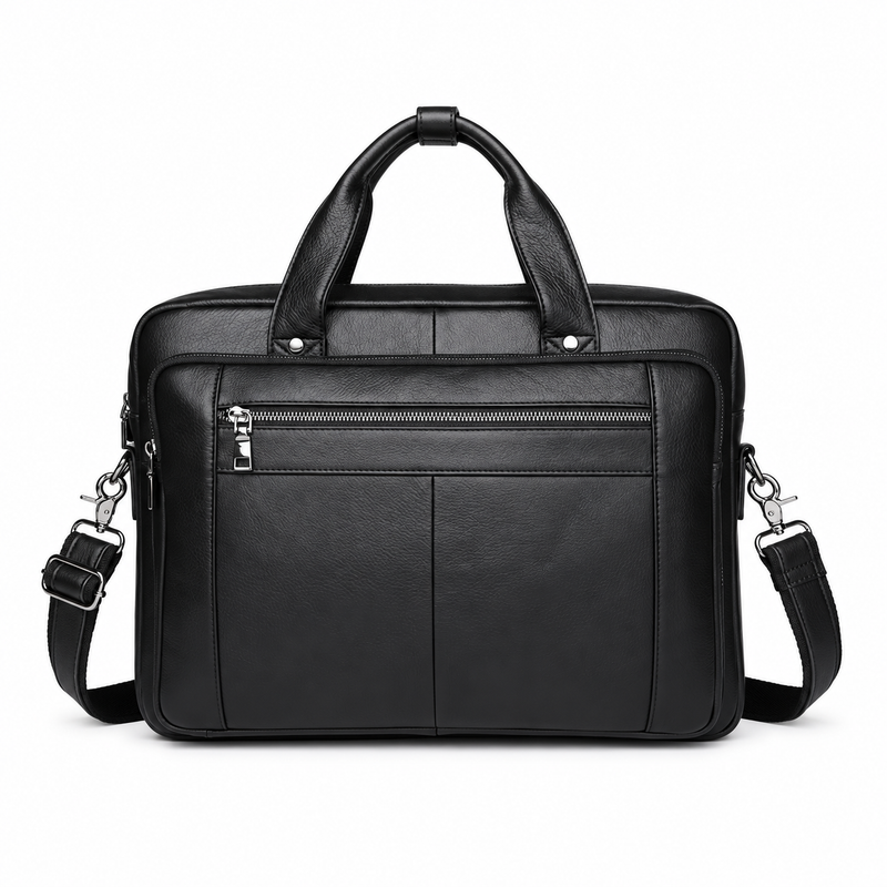 Classic Black Leather Briefcase With Strap-4