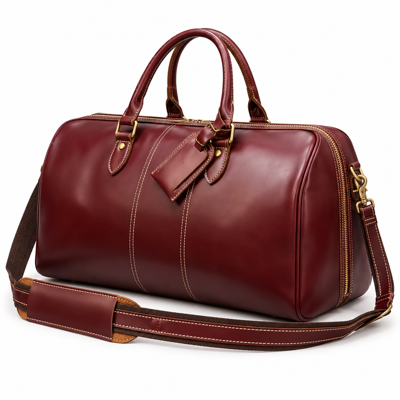 Classic Burgundy Leather Weekend Duffel Bag-3