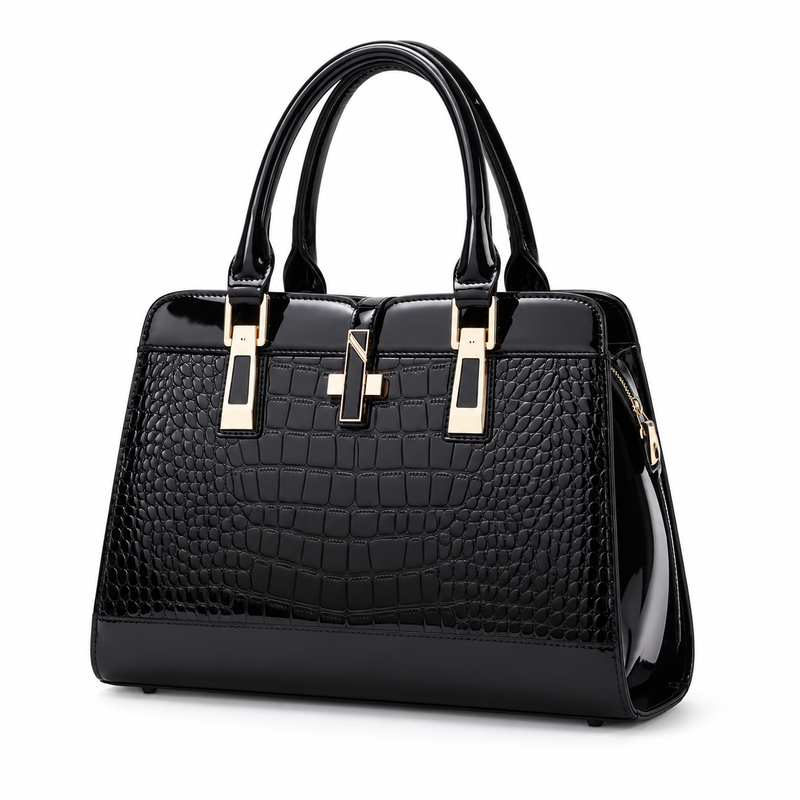 Elegant Black Crocodile Embossed Structured Handbag-4