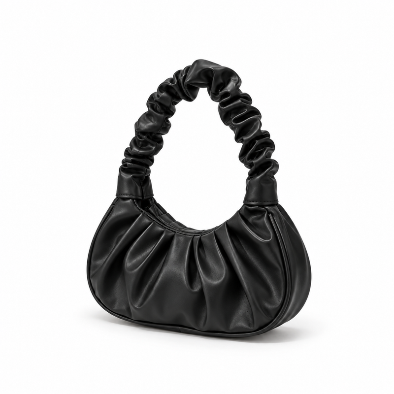 Black Ruched Handle Crescent Shoulder Bag-3