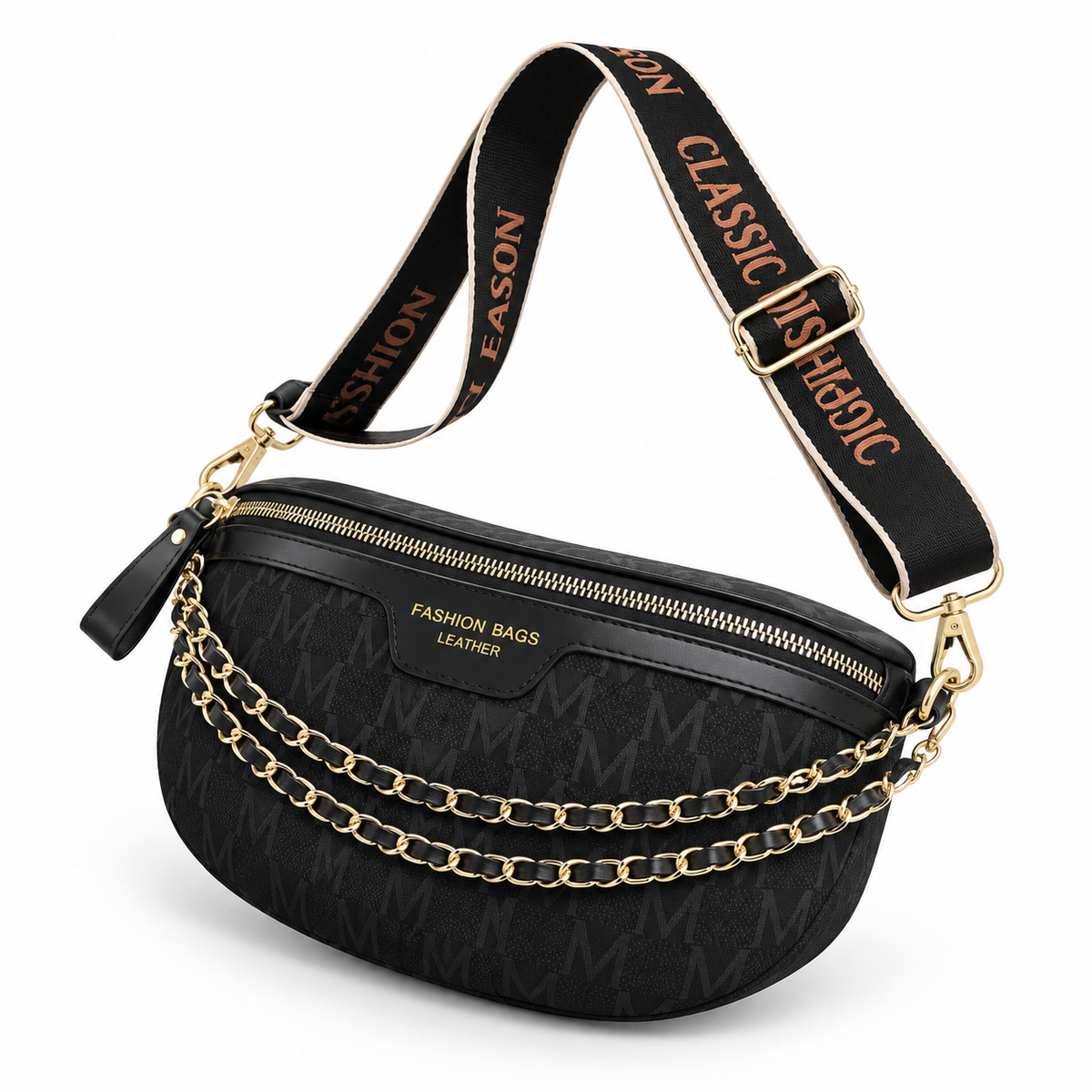 Black Monogram Crossbody Bag With Chains-3