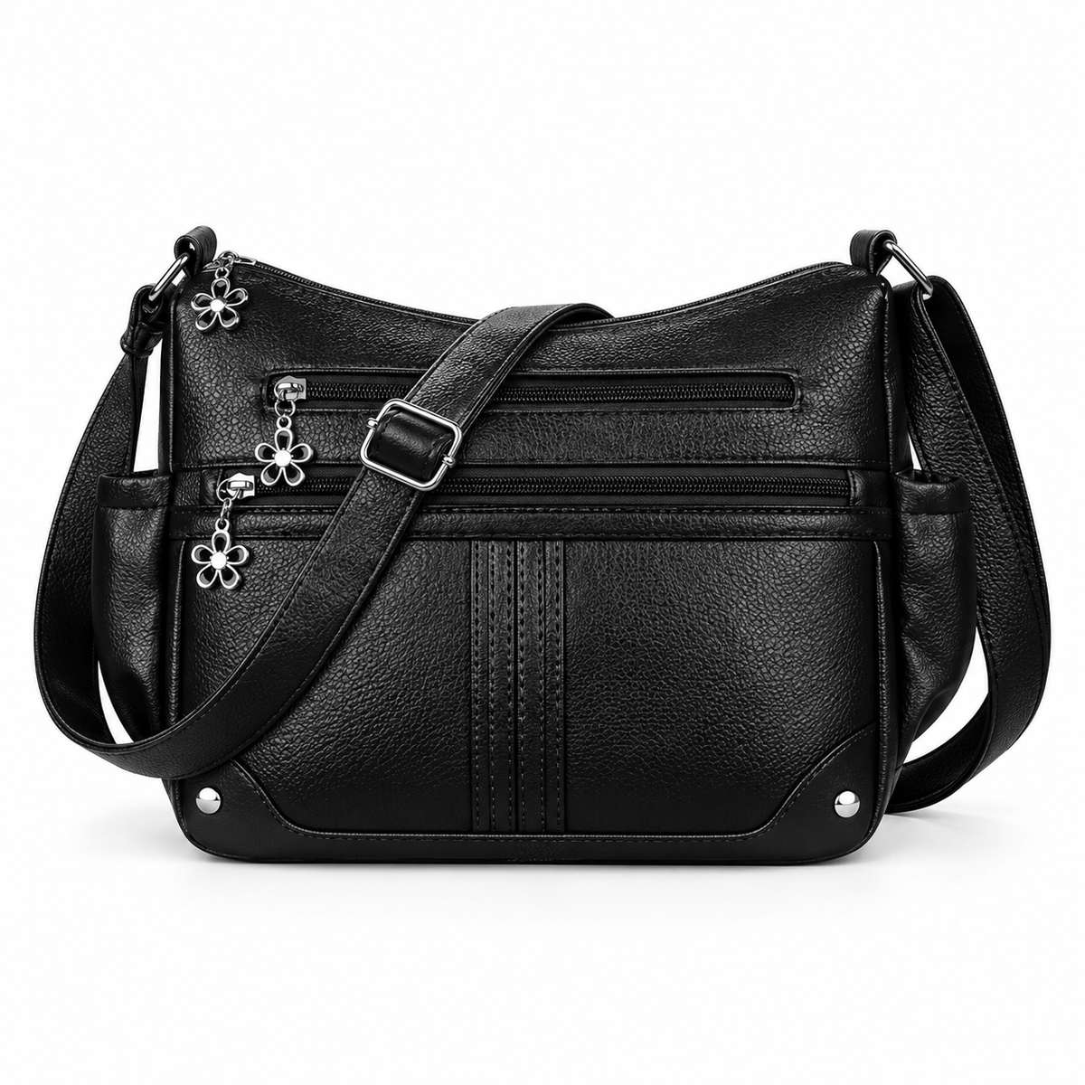 Black Textured Satchel Bag With Pockets-4
