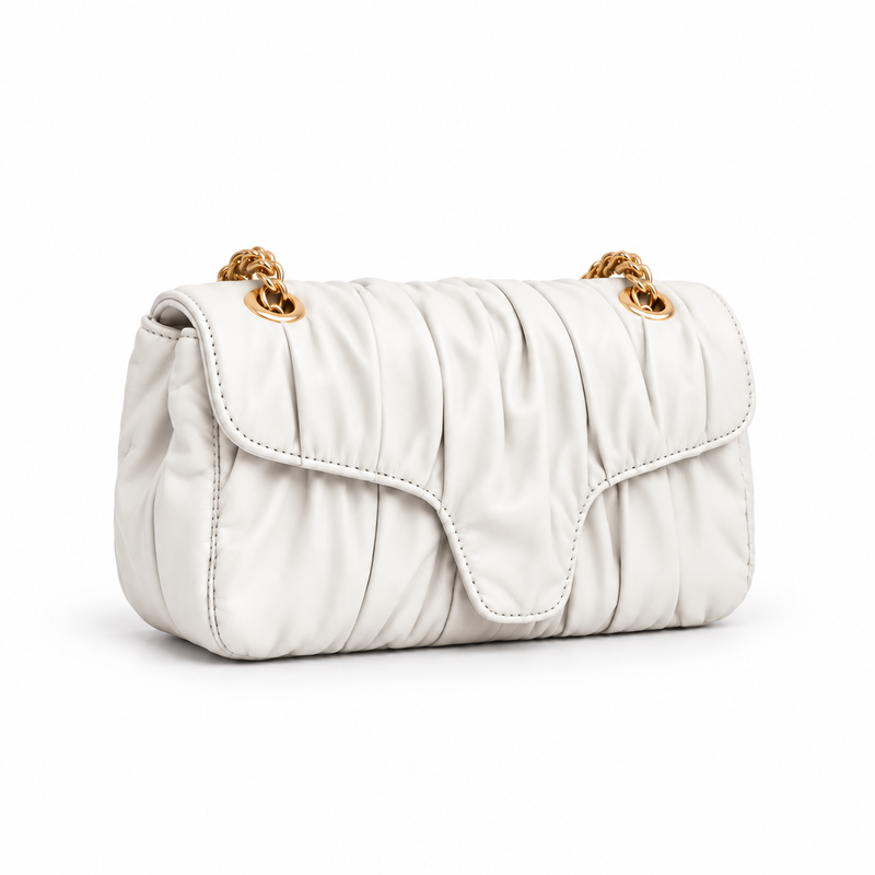 White Ruched Gold Chain Shoulder Handbag-3