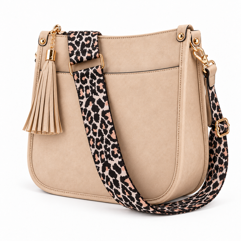 Beige Vegan Crossbody Bag Leopard Strap-3