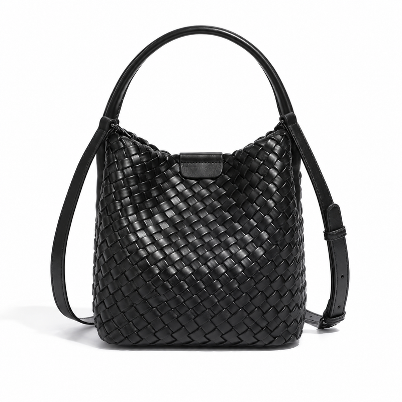 Elegant Black Woven Bucket Shoulder Bag-3