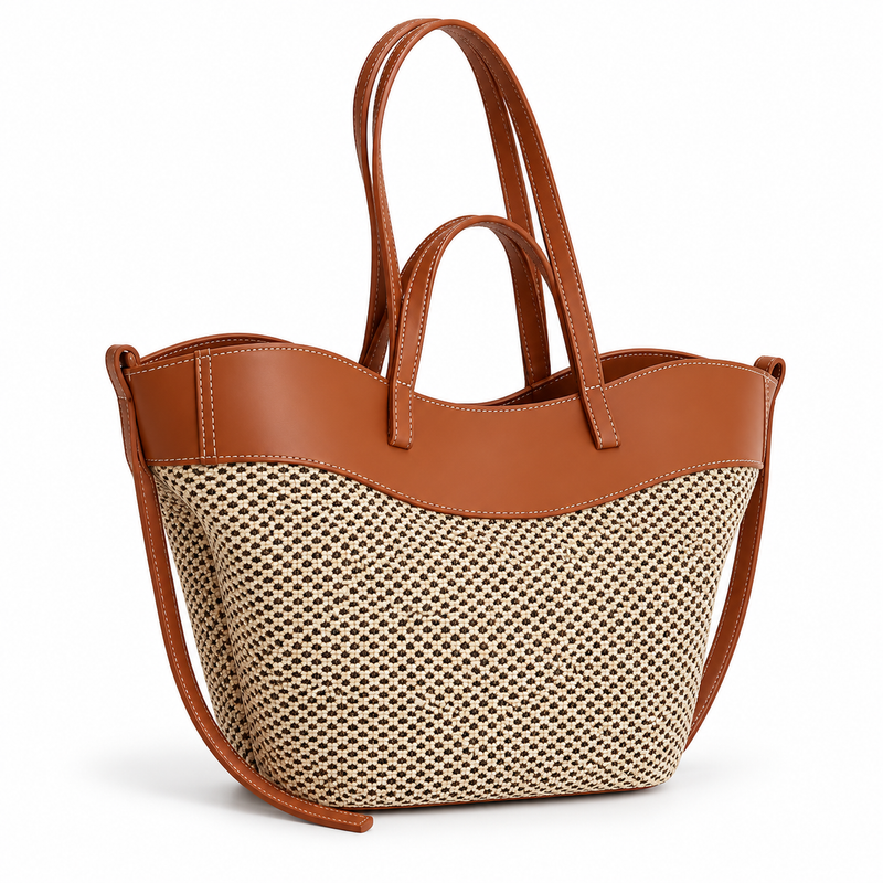 Brown Trim Woven Everyday Tote Bag-1