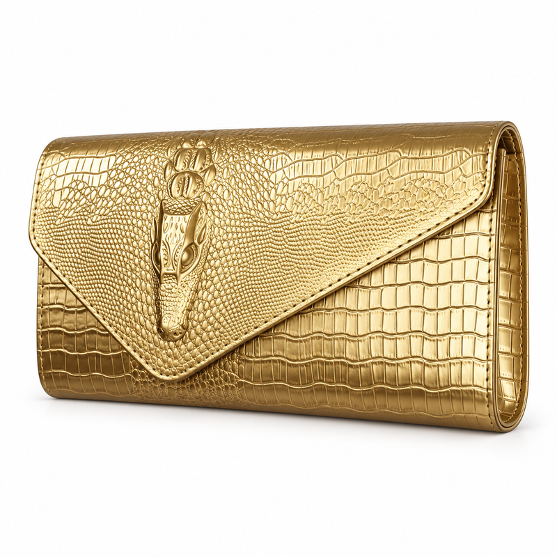 Gold Crocodile Embossed Envelope Evening Clutch-3