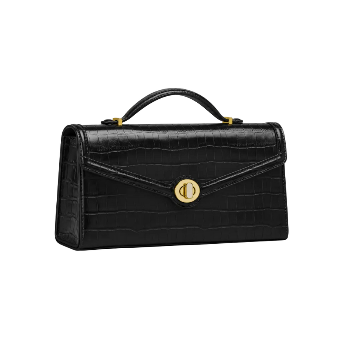 Black Crocodile Embossed Top Handle Clutch Bag-1