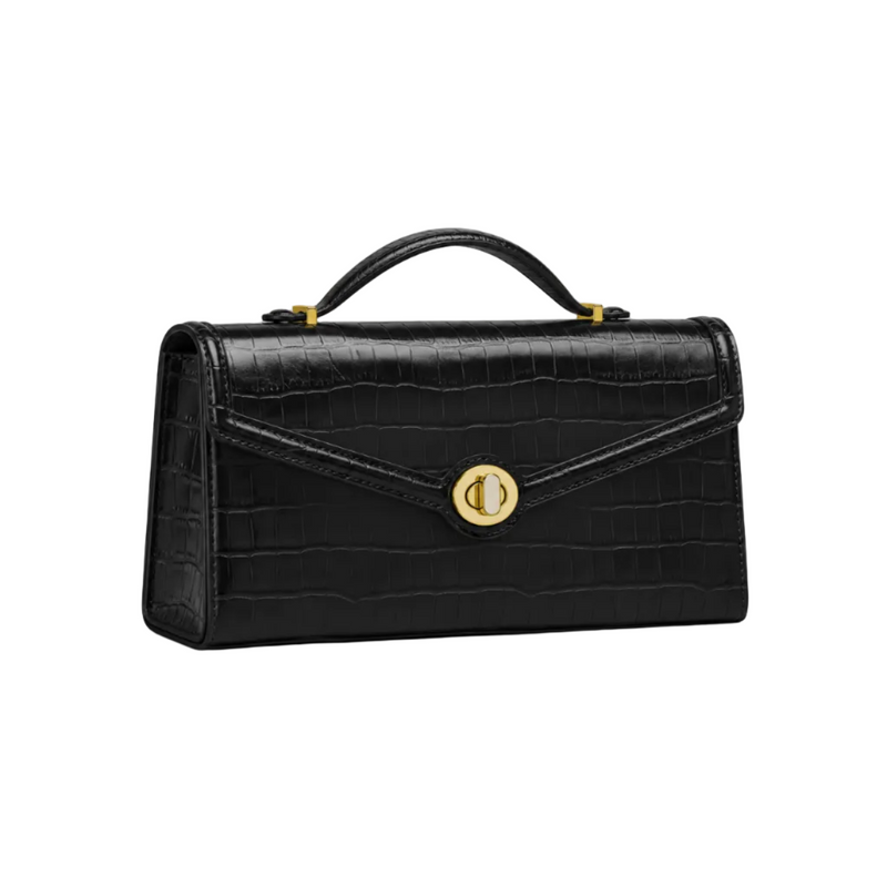 Black Crocodile Embossed Top Handle Clutch Bag-1