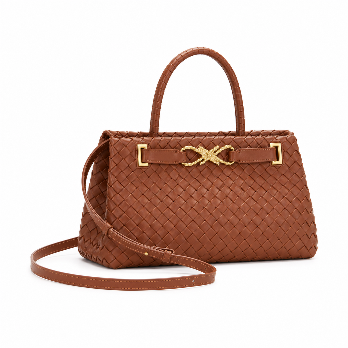 Brown Woven Handbag With Gold Hardware-1