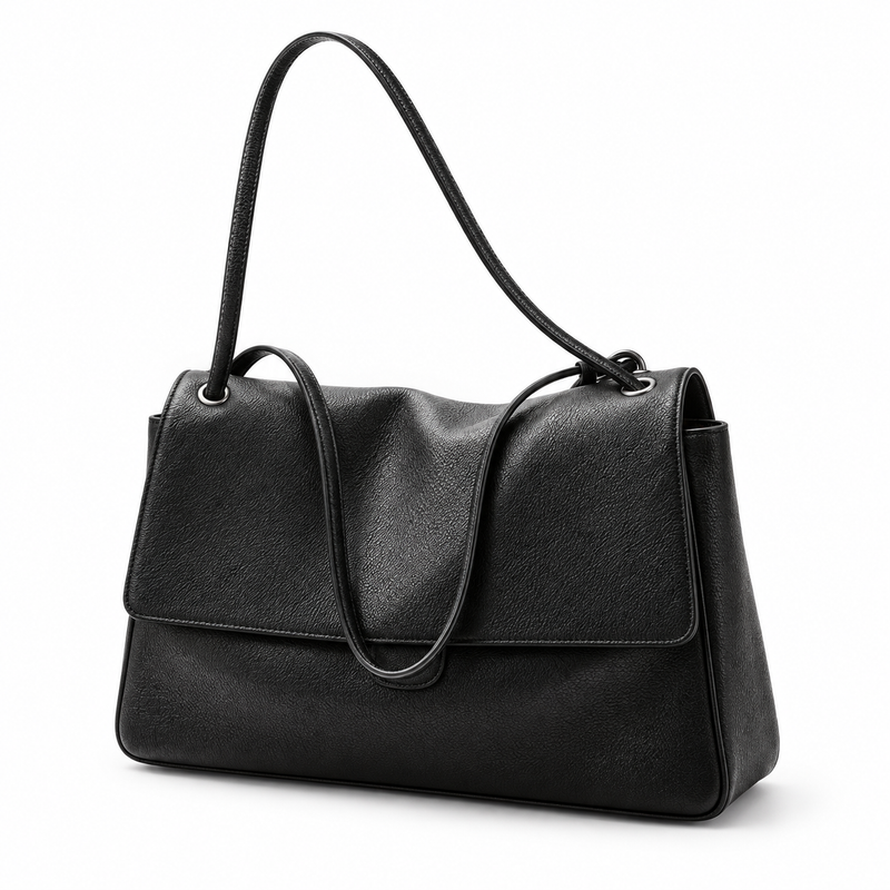 Classic Black Vegan Leather Shoulder Bag-2