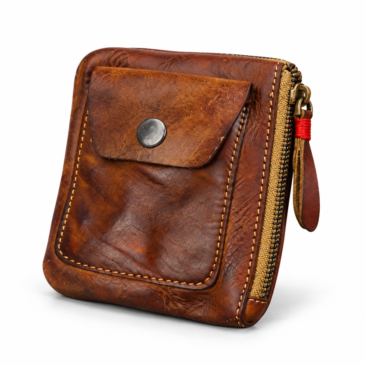 Vintage Brown Zipper Pouch With Pocket-3