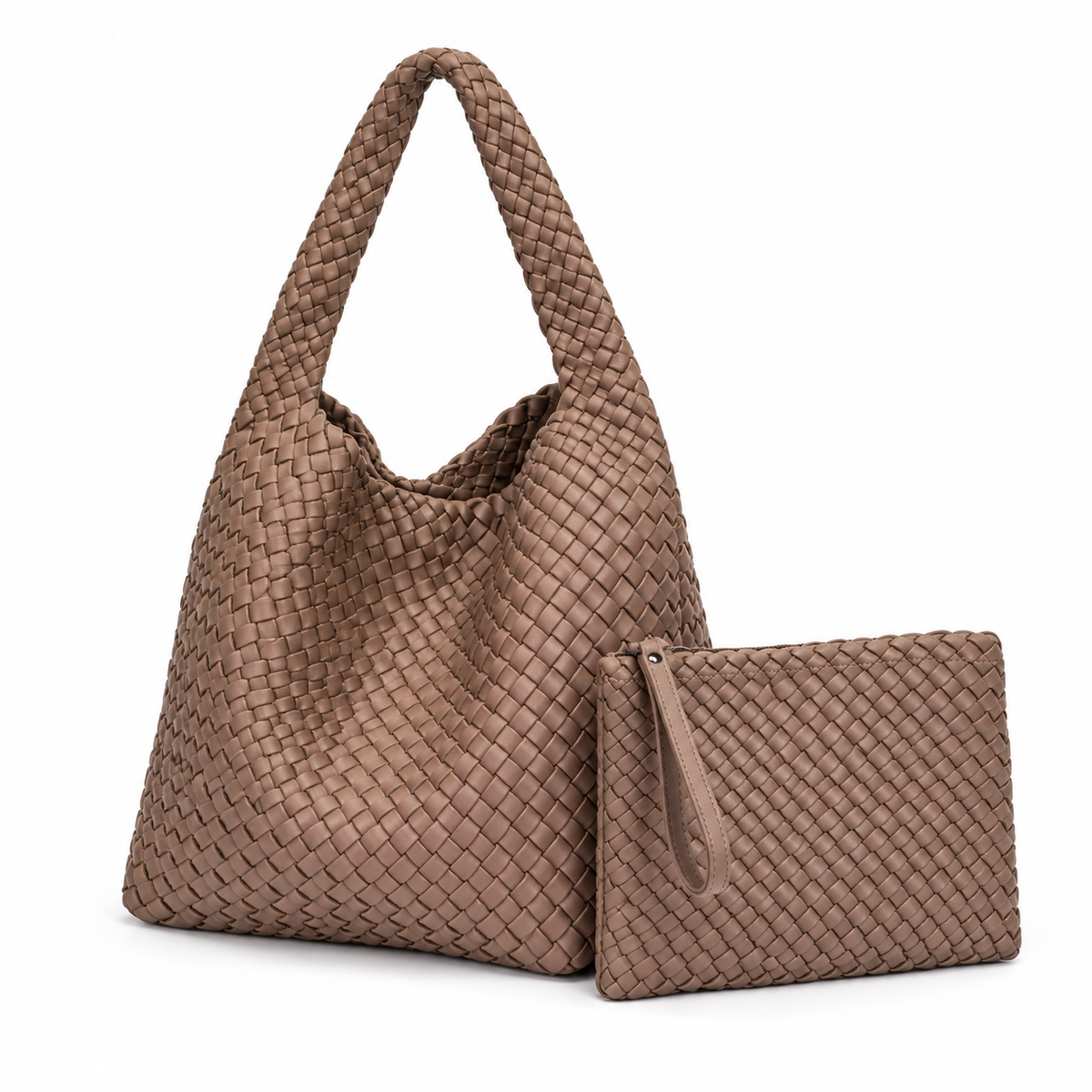 Khaki Woven Hobo Bag With Pouch