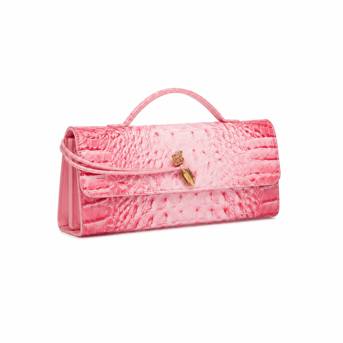 Luxury Pink Crocodile Embossed Top Handle Clutch Bag-1
