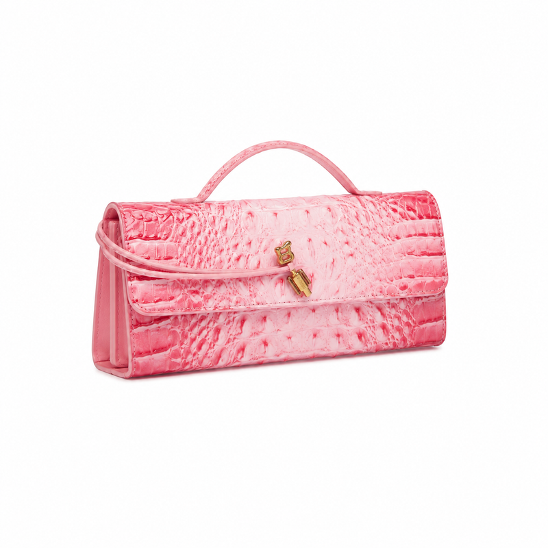 Luxury Pink Crocodile Embossed Top Handle Clutch Bag-1