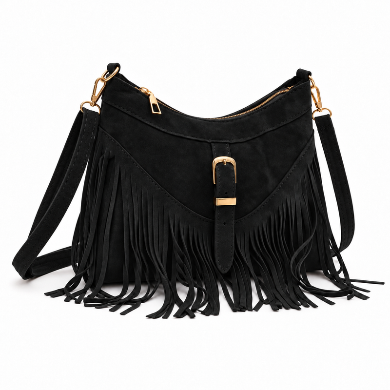 Vintage Black Fringe Buckle Detail Shoulder Bag-1